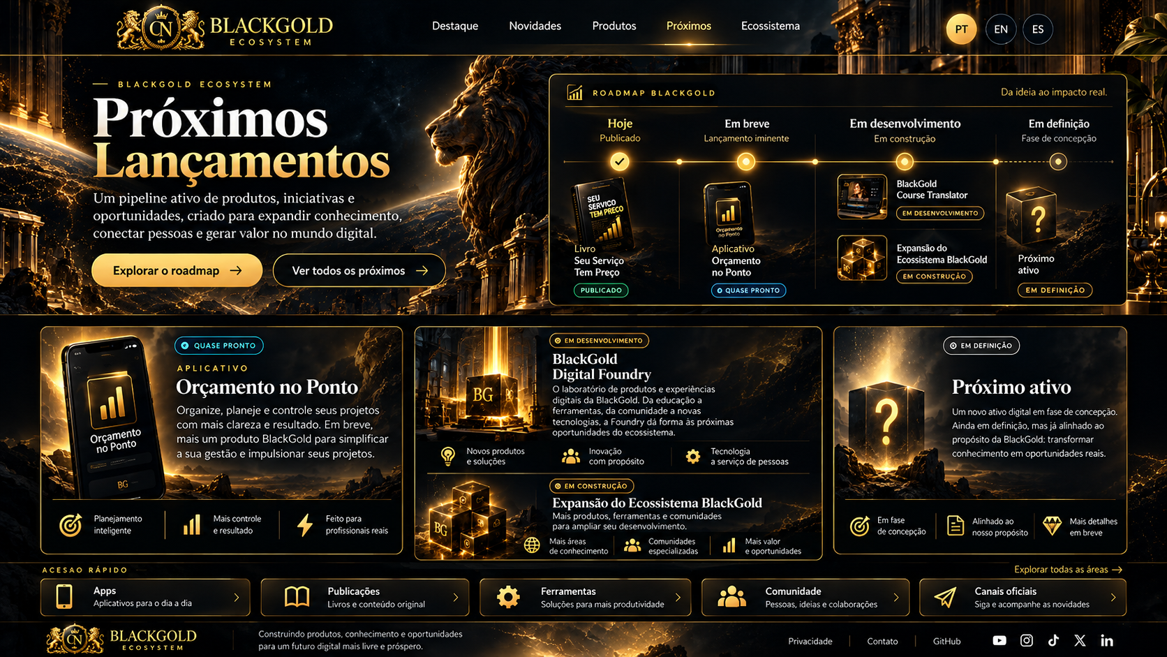 Próximos Lançamentos — BlackGold — visual aprovado BlackGold Ecosystem